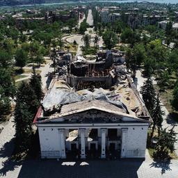 Aerial view of the destroyed theater in Mariupol